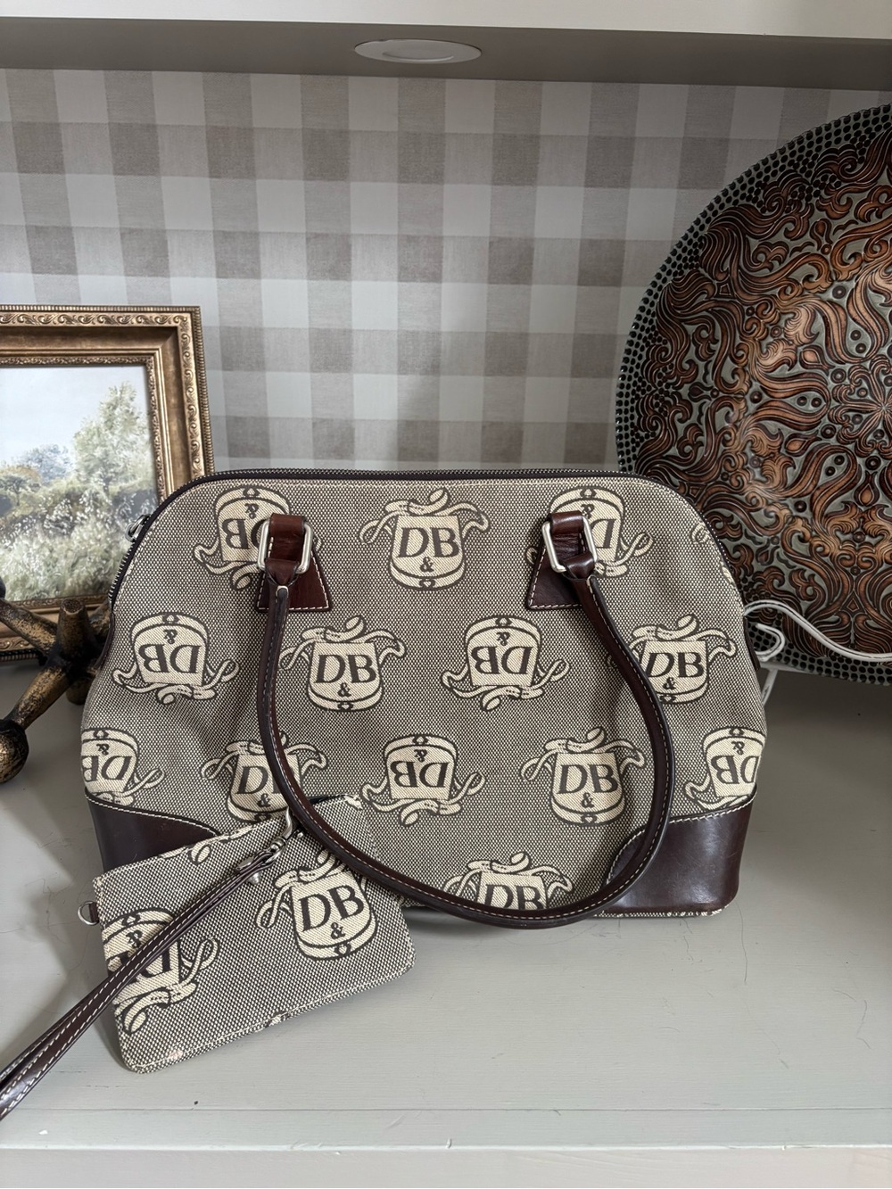 Dooney & Bourke Signature Monogram Satchel Handbag + Matching Wristlet Brown - Picture 12 of 12